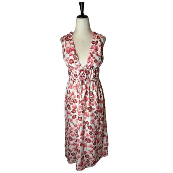 Samantha Sipos Ivory And Red Strawberry Floral Print Ruffle Midi Dress Size M - Picture 2 of 12